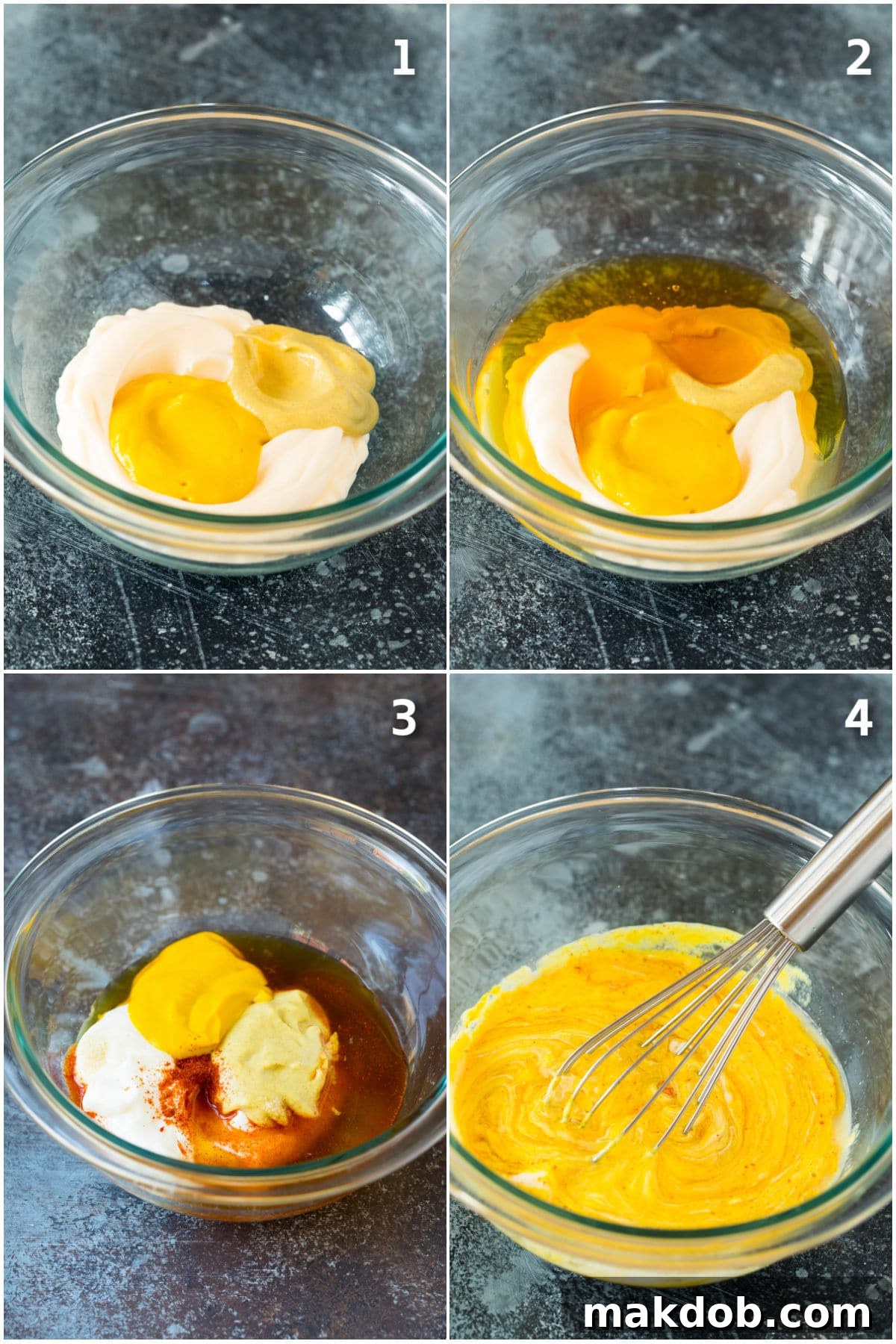 Process shots of ingredients going into a bowl and being whisked together.