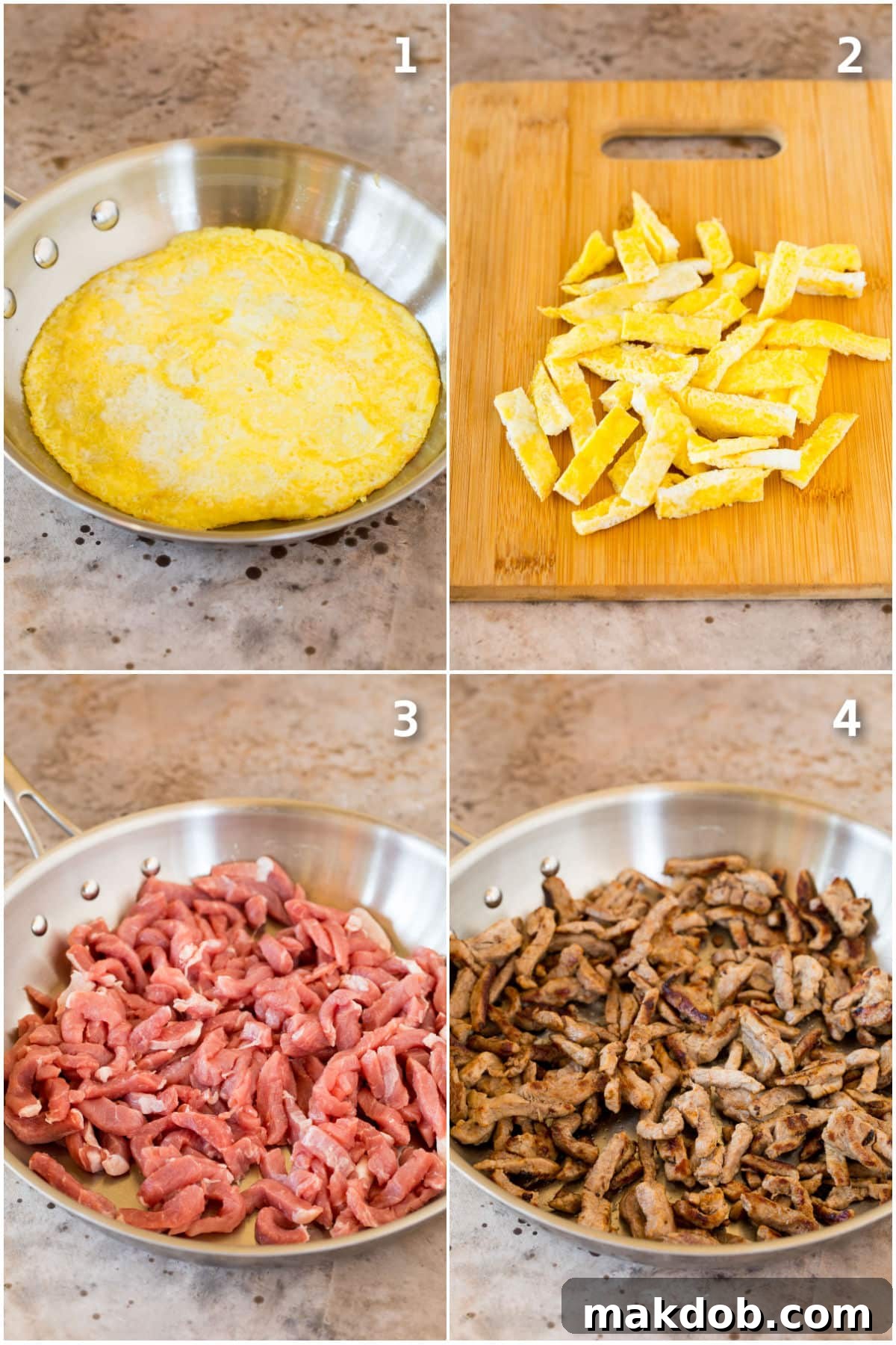 Mandarin Pork Wraps 4 Process shots showing how to stir fry eggs and pork.