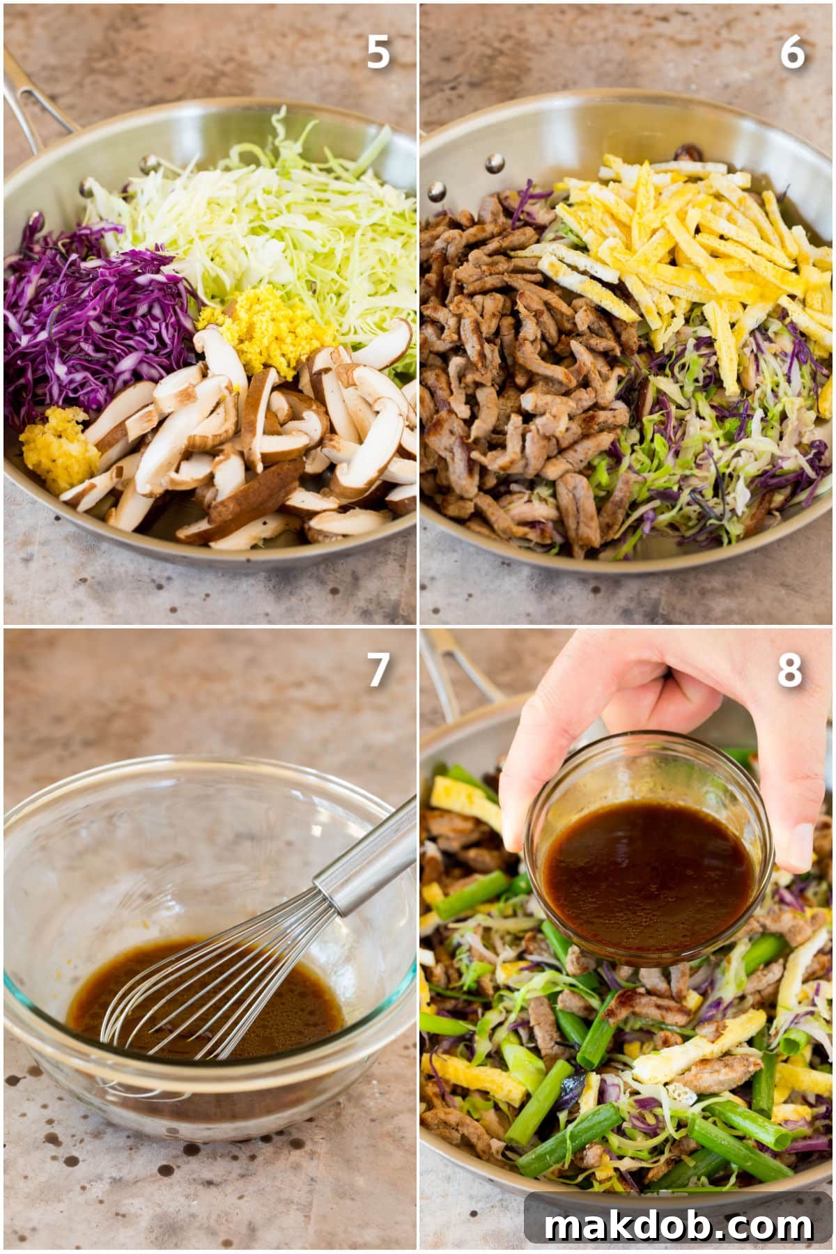 Mandarin Pork Wraps 5 Step by step shots showing how to make moo shu pork.
