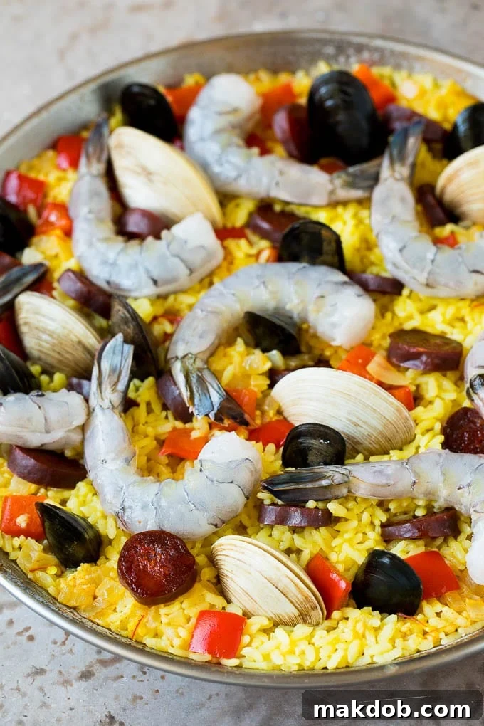 This seafood paella is a blend of saffron rice, Spanish chorizo, shrimp, clams and mussels, all simmered together. Raw seafood on a bed of saffron rice.