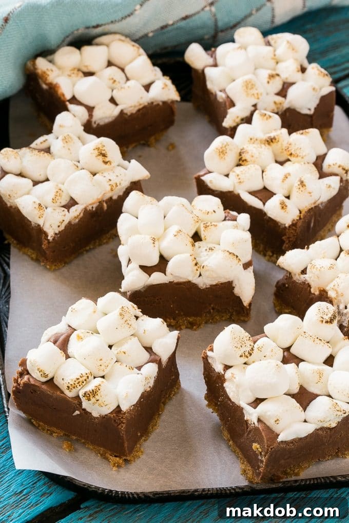 Fireside S'mores Fudge Delight 4 Squares of chocolate topped with marshmallows on a parchment lined pan.