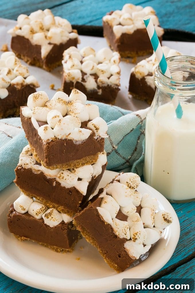 Fireside S'mores Fudge Delight 5 A plate of s'mores fudge with a bottle of milk in the background.