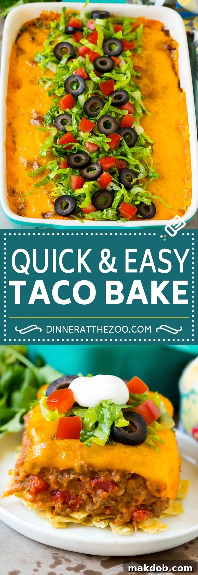 This taco bake is a layer of crushed tortilla chips topped with beans, seasoned ground beef and cheese.