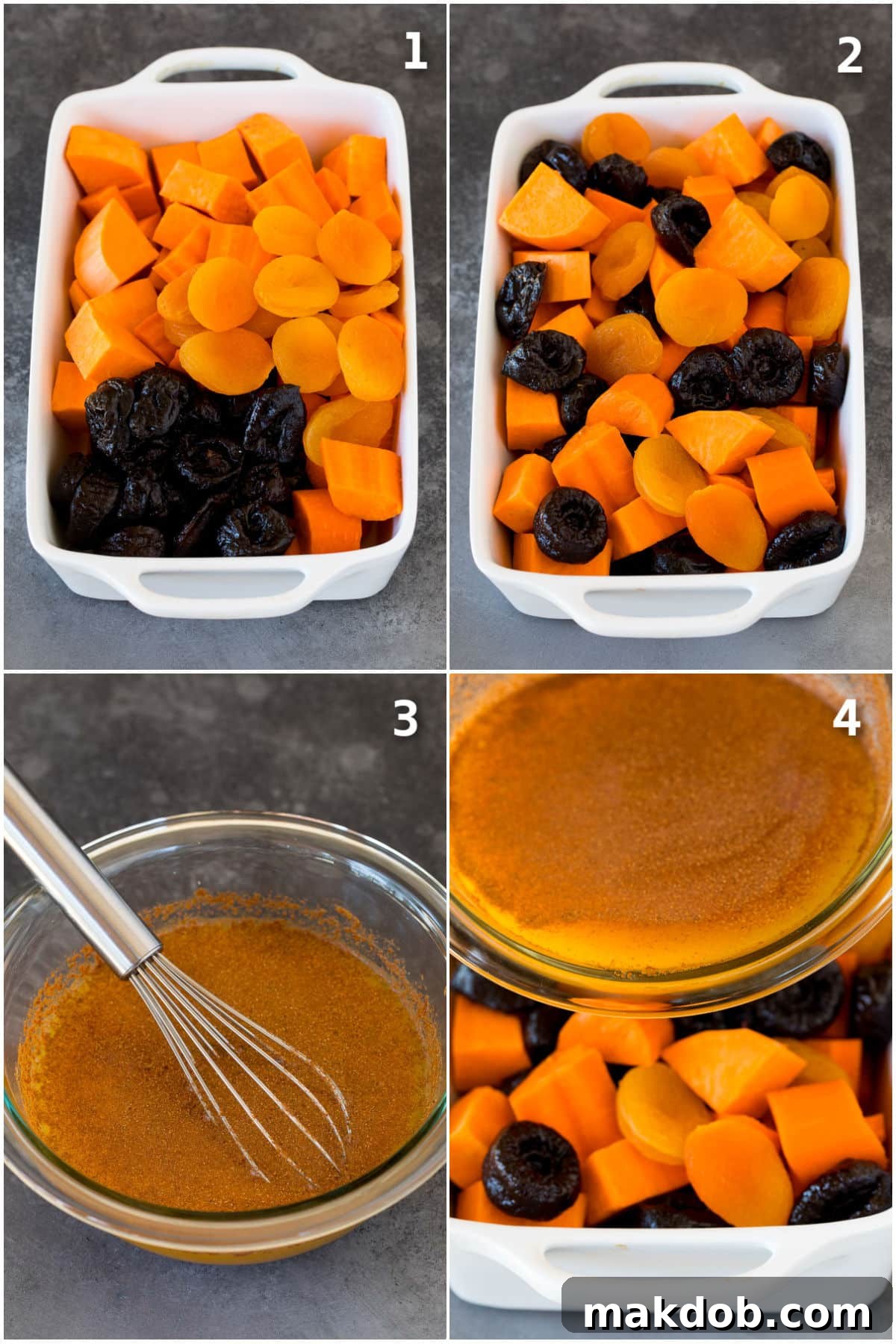 Sweet and Savory Holiday Tzimmes 4 A collage demonstrating the sequential steps of making Tzimmes, from preparing the sauce to pouring it over the root vegetables and dried fruits in a baking dish.