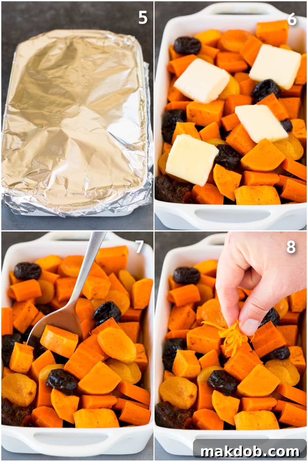Sweet and Savory Holiday Tzimmes 5 Final process shots showing the rich, caramelized texture of Tzimmes as it finishes baking, with a spoon revealing the tender vegetables and thickened sauce.