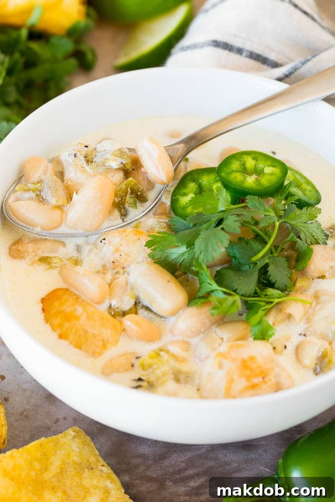 This white chicken chili is a creamy blend of chicken, chilies, beans and spices, all simmered together A bowl of white chicken chili with a spoon in it.