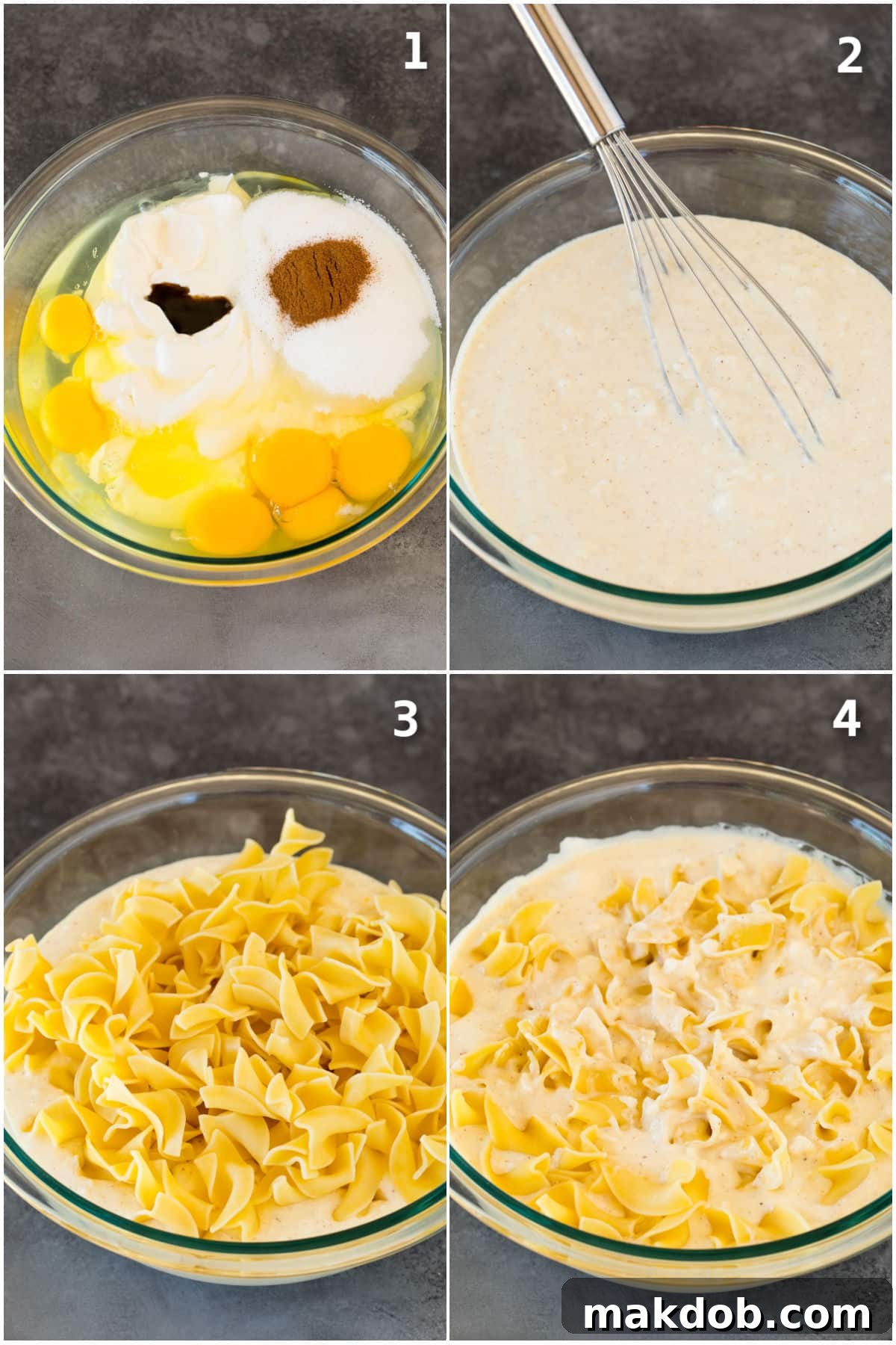 Golden Noodle Delight 4 A visual collage showing the process of mixing the creamy custard base and then incorporating the cooked egg noodles into the mixture.