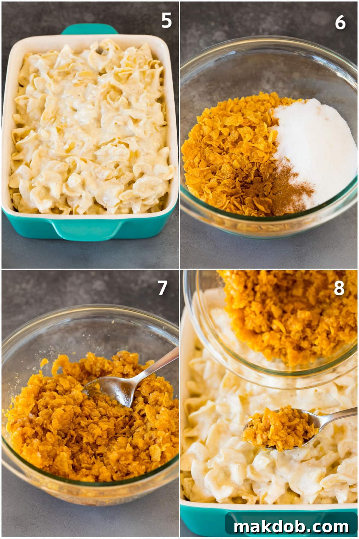 Golden Noodle Delight 5 A step-by-step photographic guide demonstrating how to layer and assemble the noodle kugel, from mixing the custard to adding the final topping before baking.