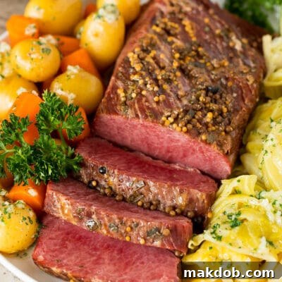 Perfect Instant Pot Corned Beef 2 Instant Pot corned beef sliced and served with cabbage, carrots and potatoes.