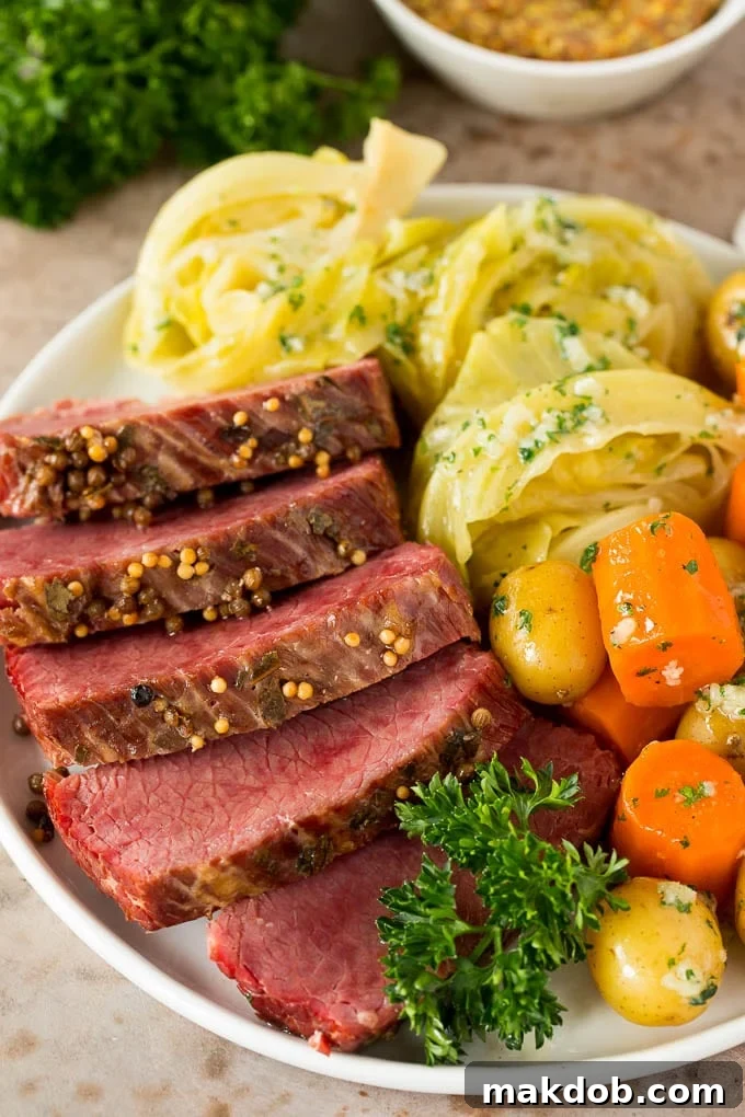 Delicious Instant Pot Corned Beef with Vegetables A plate of sliced Instant Pot corned beef with cabbage wedges, carrots and baby potatoes, drizzled with garlic butter.