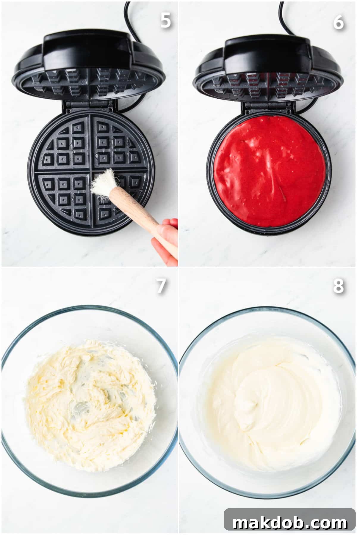 Crimson Velvet Waffles 5 Waffle batter in a waffle iron and cream cheese icing being made.