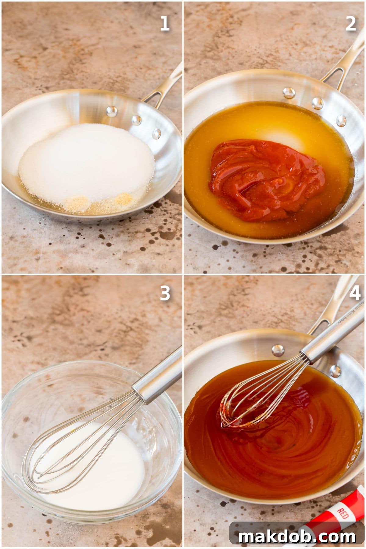 Sweet and Sour Sauce Making Process Step-by-step images illustrating the process of making homemade sweet and sour sauce, from combining ingredients to achieving the perfect consistency.