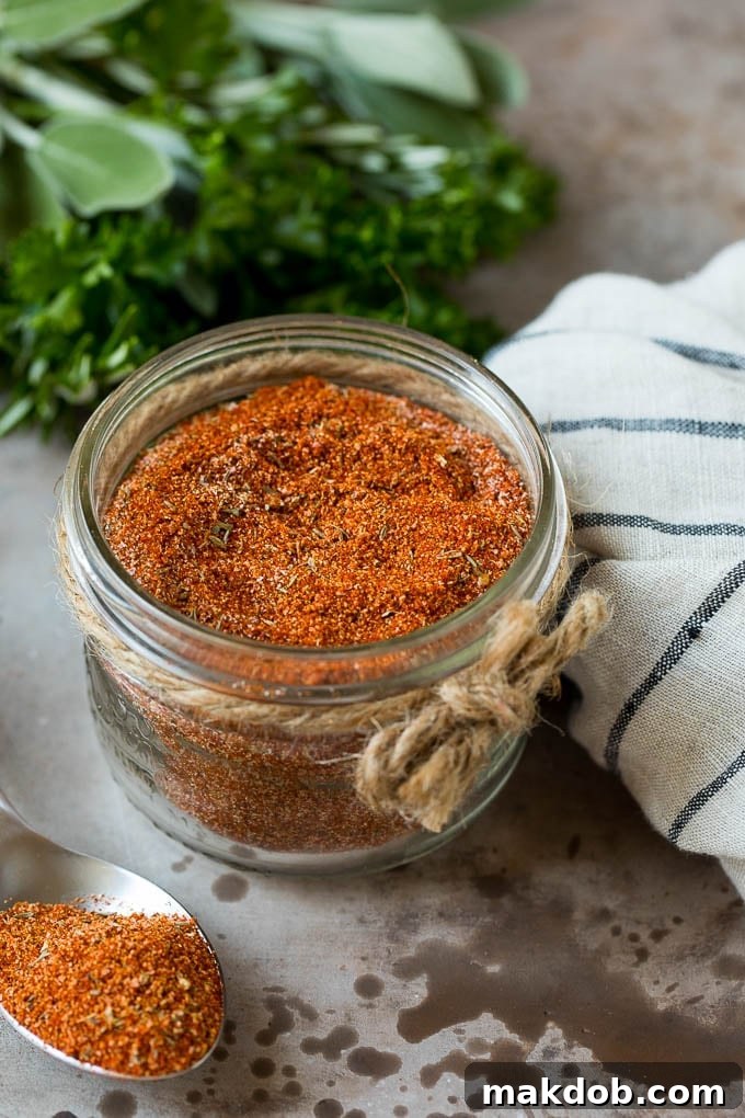 Homemade Blackened Seasoning in a Jar A jar of homemade blackened seasoning with fresh herbs in the background, ready to elevate any dish.