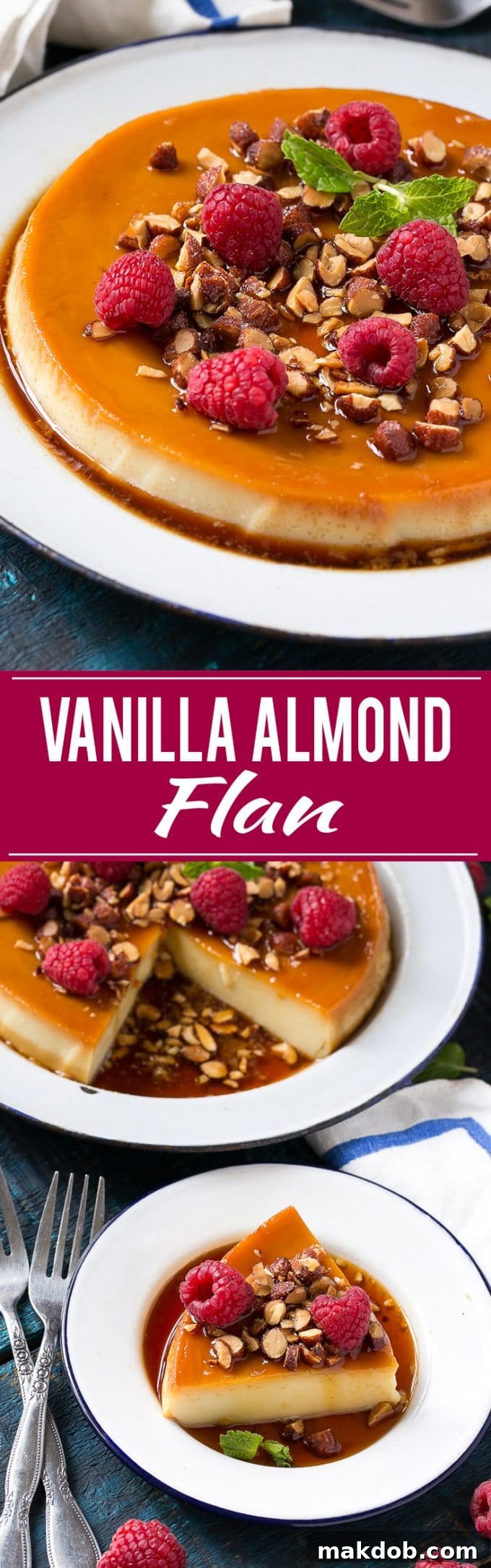 Indulge in the rich and creamy flavor of this dairy-free Vanilla Almond Flan, topped with crunchy honey roasted almonds and fresh raspberries for a truly elegant make-ahead dessert.