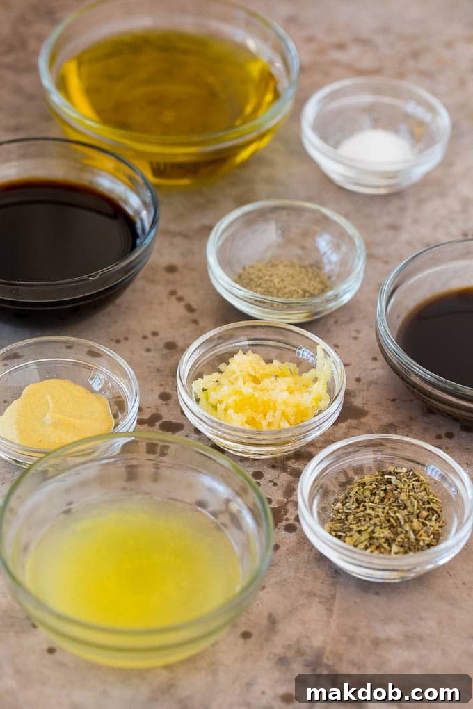 Marinade ingredients including lemon juice, olive oil, soy sauce, herbs and spices.