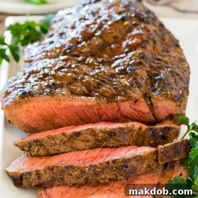 Meat cooked in London broil marinade, then sliced.