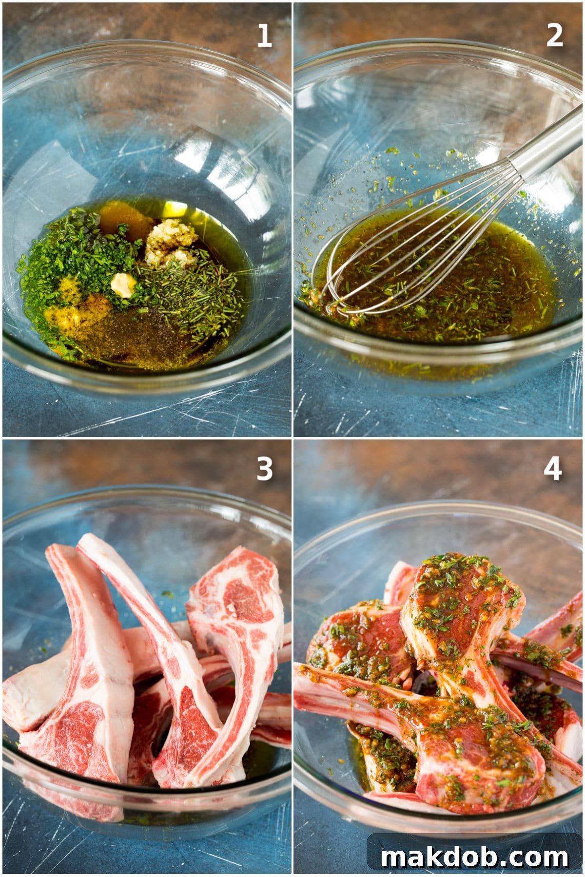 Flame-Kissed Lamb Chops 4 Step-by-step shots showing how to marinate lamb chops, from mixing ingredients to coating the meat.