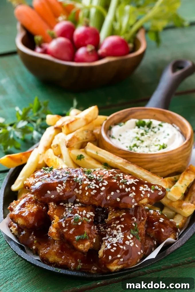 Sesame chicken fingers and fries with dipping sauce. A complete, healthy weeknight meal.