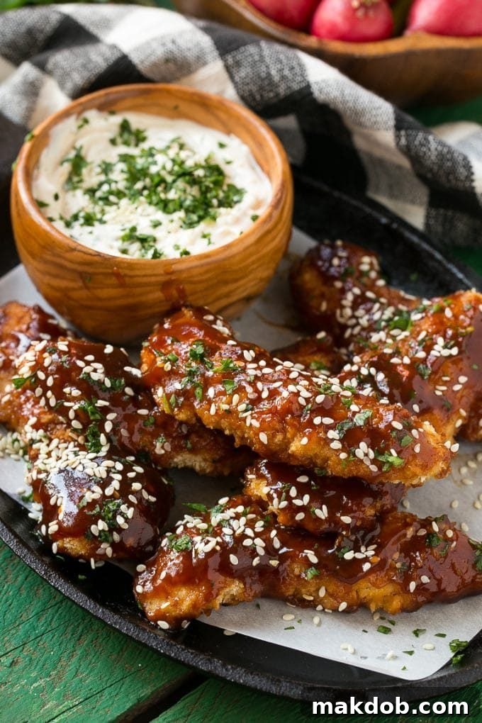 Baked chicken fingers served with creamy sesame dip – a healthier take on a classic.