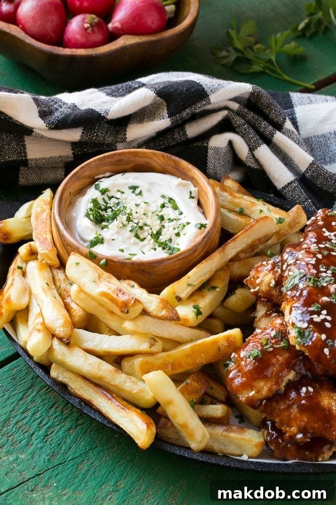 A sheet pan filled with golden-brown baked chicken fingers and crispy fries.