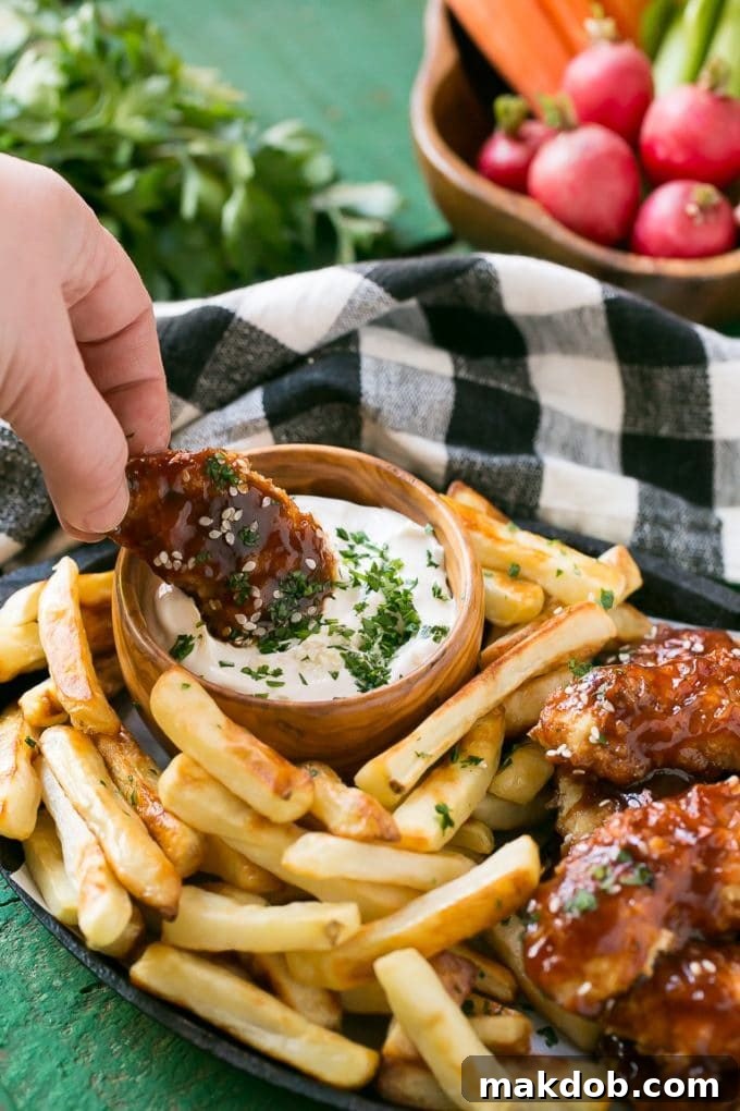 Perfectly Dipped Sesame Chicken Finger A hand dipping a chicken finger into sauce.