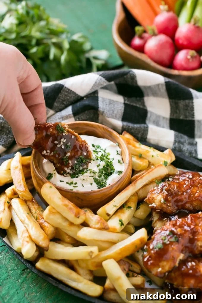 A hand dipping a baked sesame chicken finger into a creamy sesame sauce.