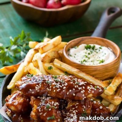 These baked sesame chicken fingers are tossed in a sweet and tangy asian style sauce and are served with oven roasted fries and a creamy sesame dip. A complete meal in 30 minutes with less guilt!