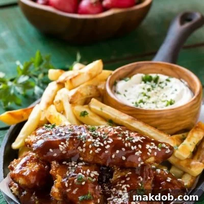 These baked sesame chicken fingers are tossed in a sweet and tangy asian style sauce and are served with oven roasted fries and a creamy sesame dip. A complete meal in 30 minutes with less guilt!