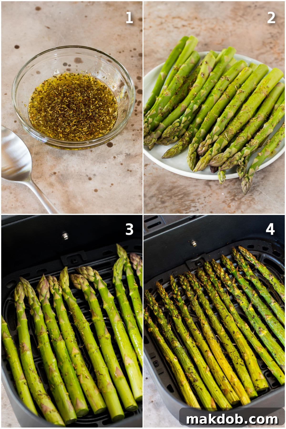 Step by step shots showing how to air fry asparagus.