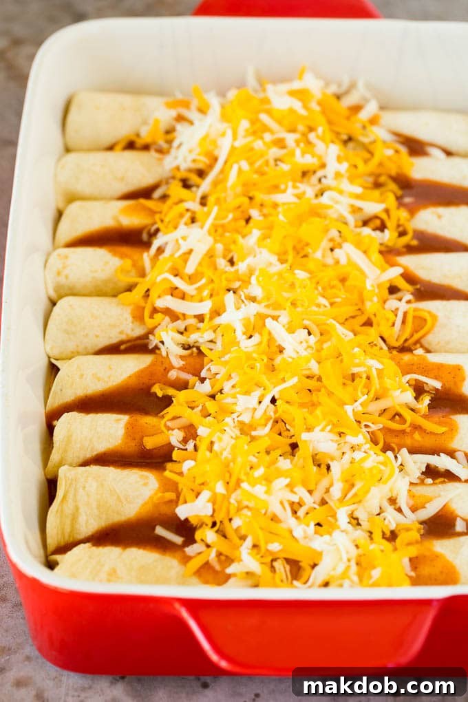 This recipe for cheese enchiladas is rolled flour tortillas filled with cheddar and Monterey Jack cheeses, then topped with red sauce and more cheese and baked to golden brown perfection. Tortilla rolls topped with sauce and cheese.