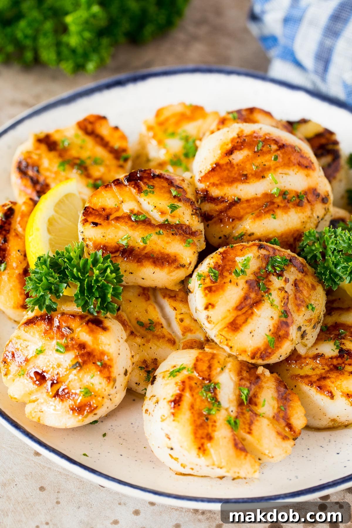 A plate of grilled scallops garnished with fresh parsley and bright lemon wedges.