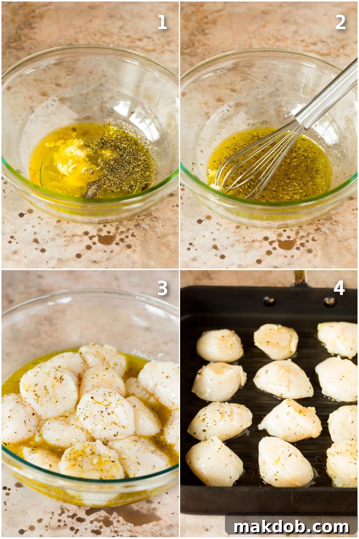 A step-by-step visual collage showing raw scallops, scallops marinating, scallops being threaded onto skewers, and finally, scallops grilling to perfection.