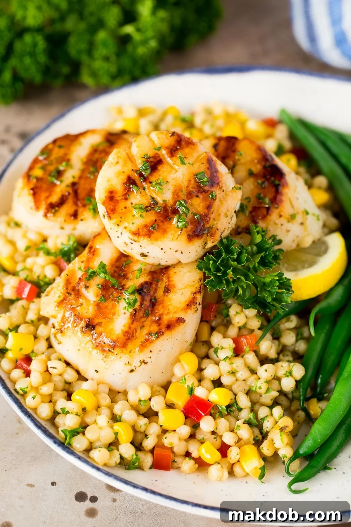 Grilled scallops served alongside fluffy couscous and vibrant green beans, garnished with fresh herbs and a lemon slice.