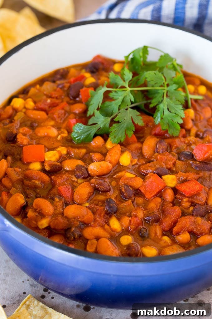 Fresh Vegetarian Chili with Cilantro A steaming pot of hearty vegetarian chili, garnished with a sprinkle of fresh green cilantro, ready to be served.