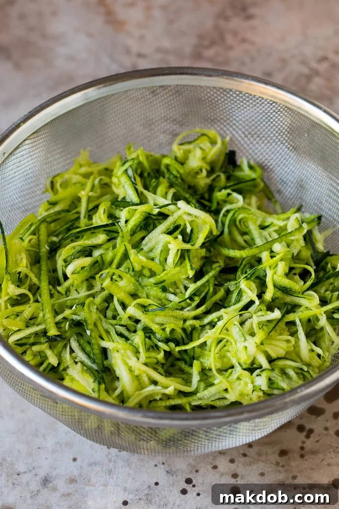These zucchini fritters are crispy patties filled with shredded squash and flavored with garlic and herbs. Shredded zucchini in a colander.