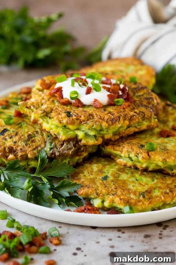 These zucchini fritters are crispy patties filled with shredded squash and flavored with garlic and herbs. A plate of zucchini fritters garnished with fresh herbs.