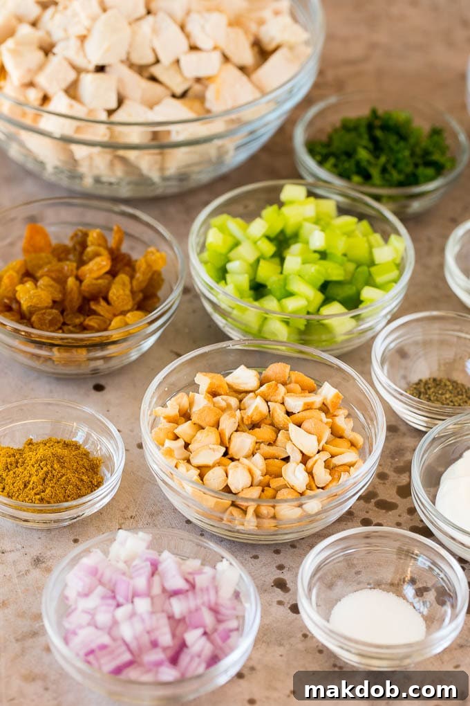 Bowls of ingredients including diced chicken, celery, red onion, raisins, cashews, and curry powder, prepared for making curry chicken salad.