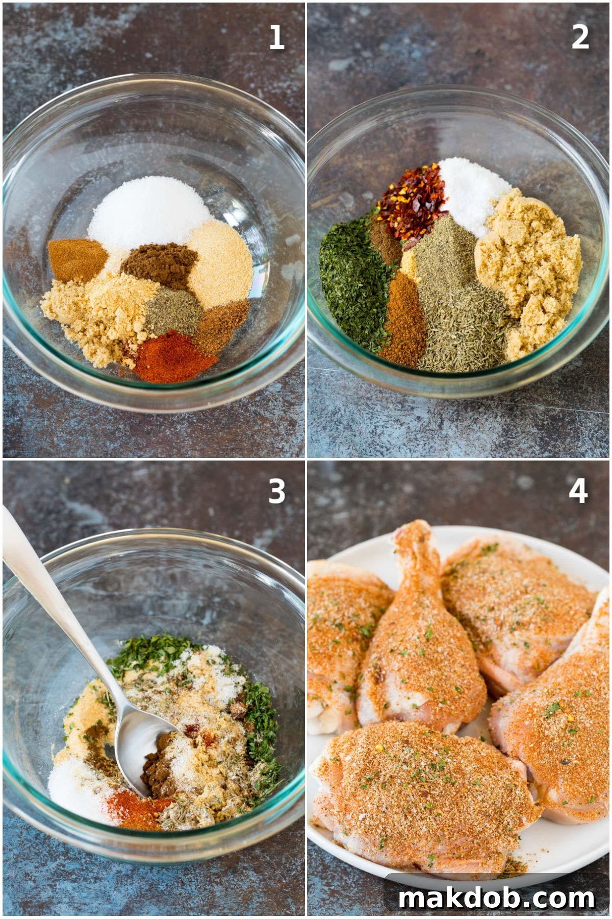 A step-by-step visual guide showing how to combine various dry ingredients to create homemade jerk seasoning, emphasizing the mixing process for a perfect blend.
