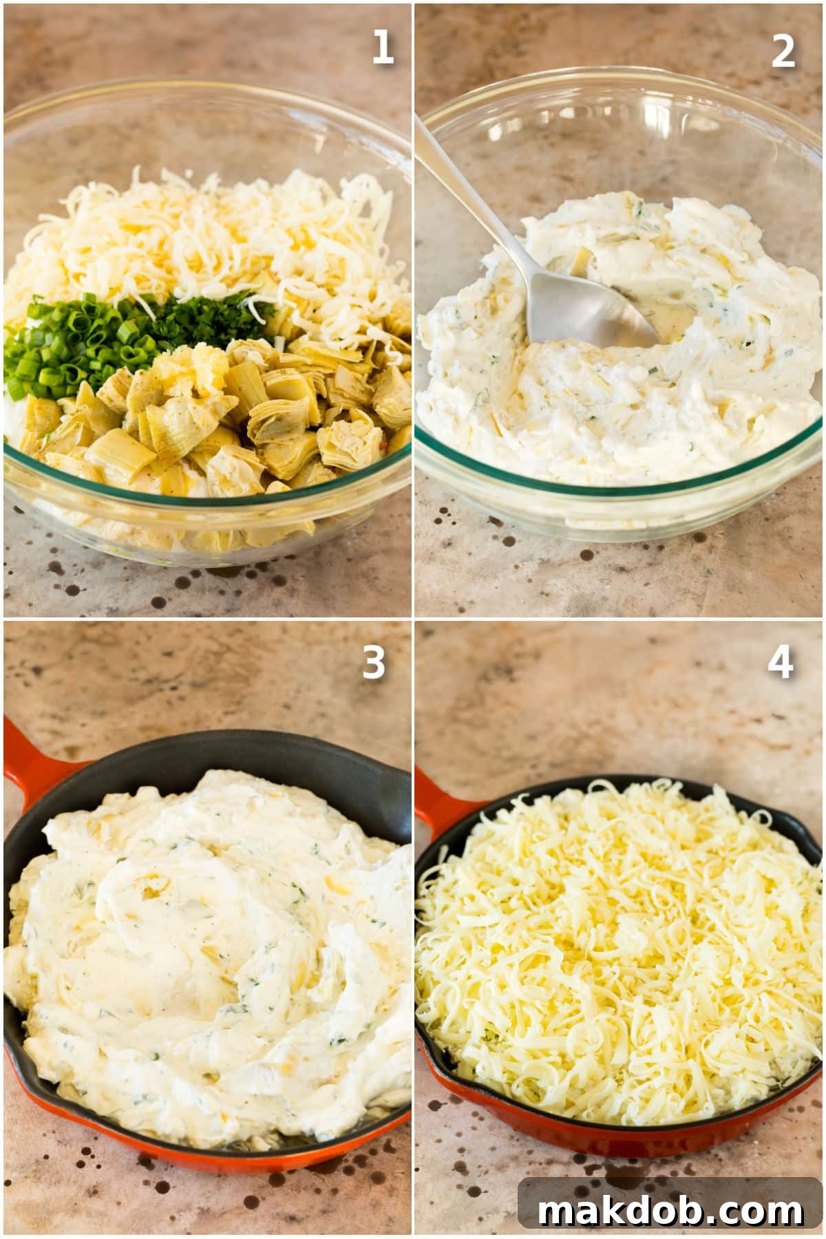 Irresistible Artichoke Dip 4 Step by step process shots of artichoke dip being made.