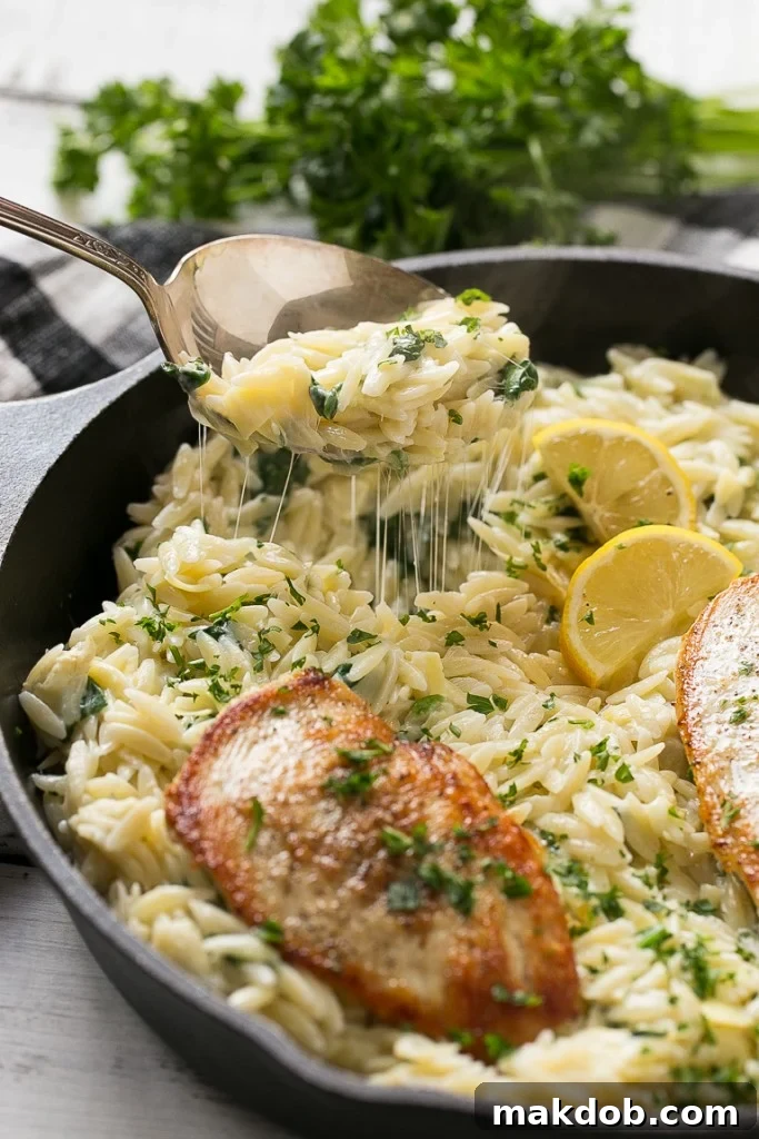 Tuscan Chicken Artichoke Pasta 5 This one pot chicken with creamy spinach artichoke pasta is made with seared chicken breasts, orzo pasta, fresh spinach, artichokes and plenty of cheese. It's a quick and easy weeknight dinner with less dishes to do at the end!