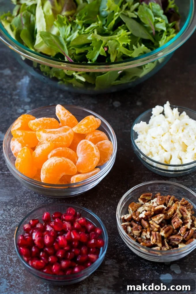 Bowls of lettuce, oranges, pomegranates, cheese and pecans, ready for assembly.