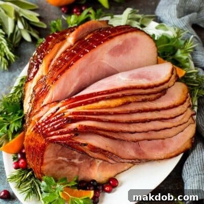 A spiral ham coated in glaze, garnished with fruit and herbs.