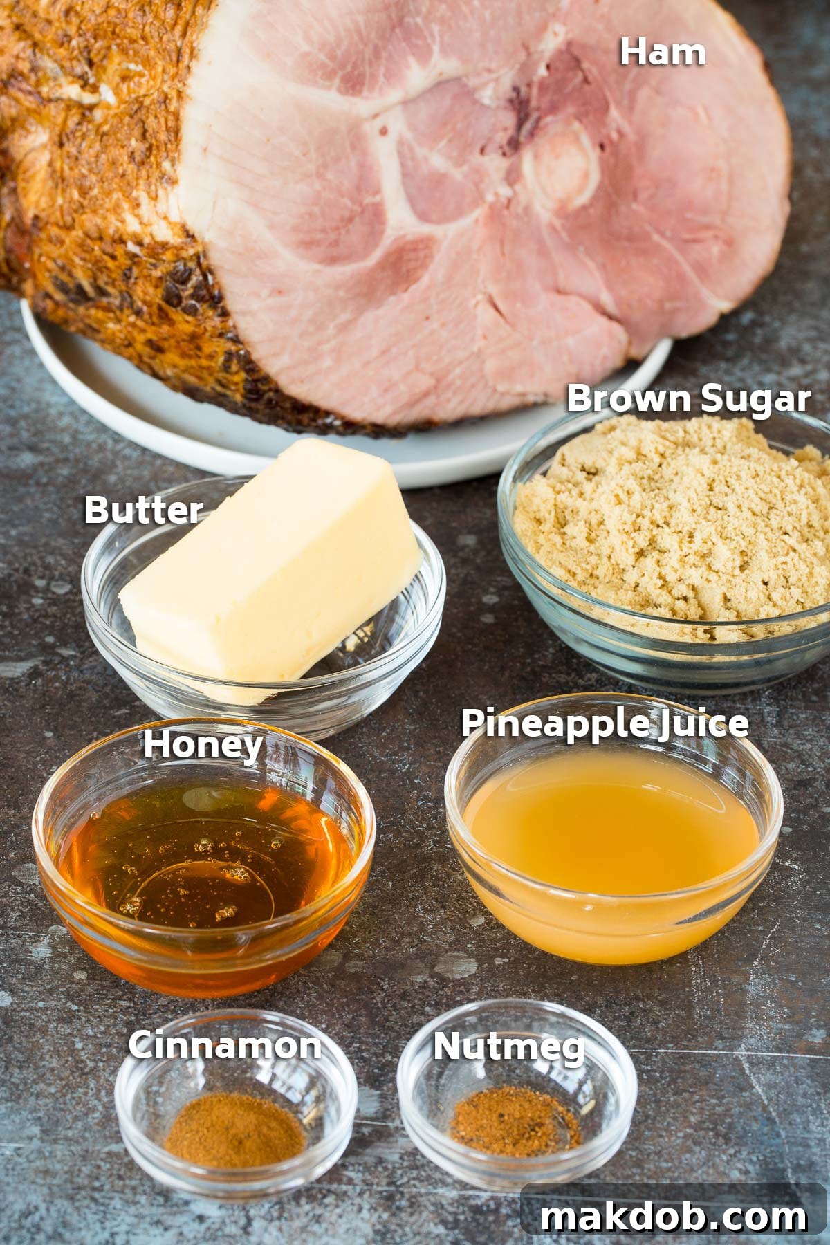 A vibrant display of glaze ingredients including dark brown sugar, golden pineapple juice, and aromatic spices.
