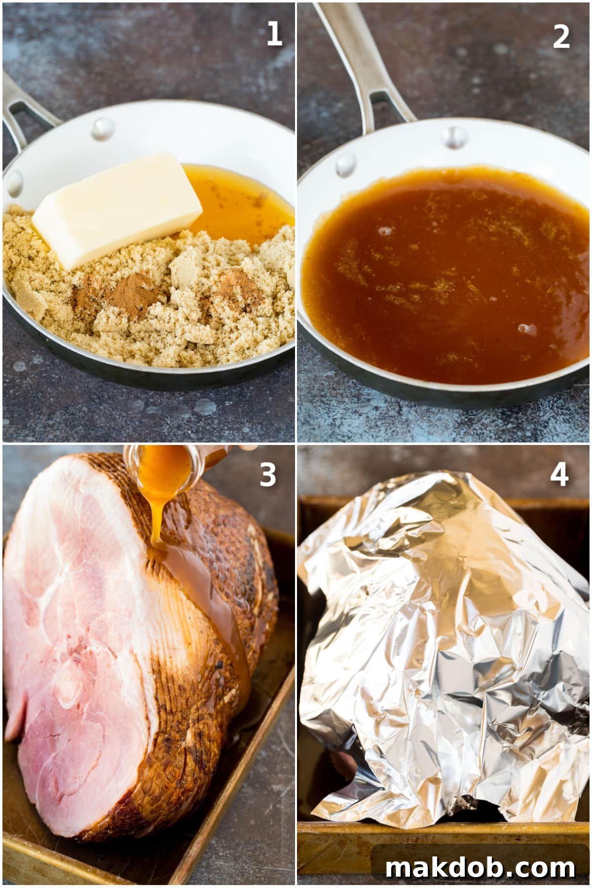 A step-by-step photographic collage illustrating the process of making and baking a spiral cut ham with glaze.