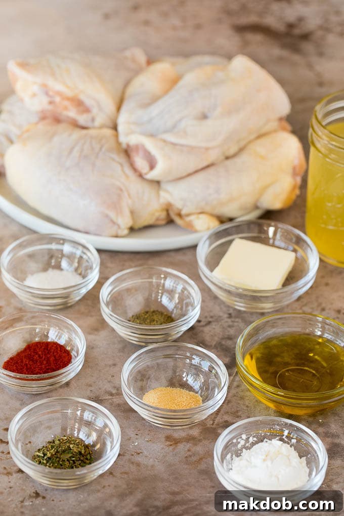 Raw chicken thighs and bowls of seasonings, ready to be prepared for the Instant Pot.