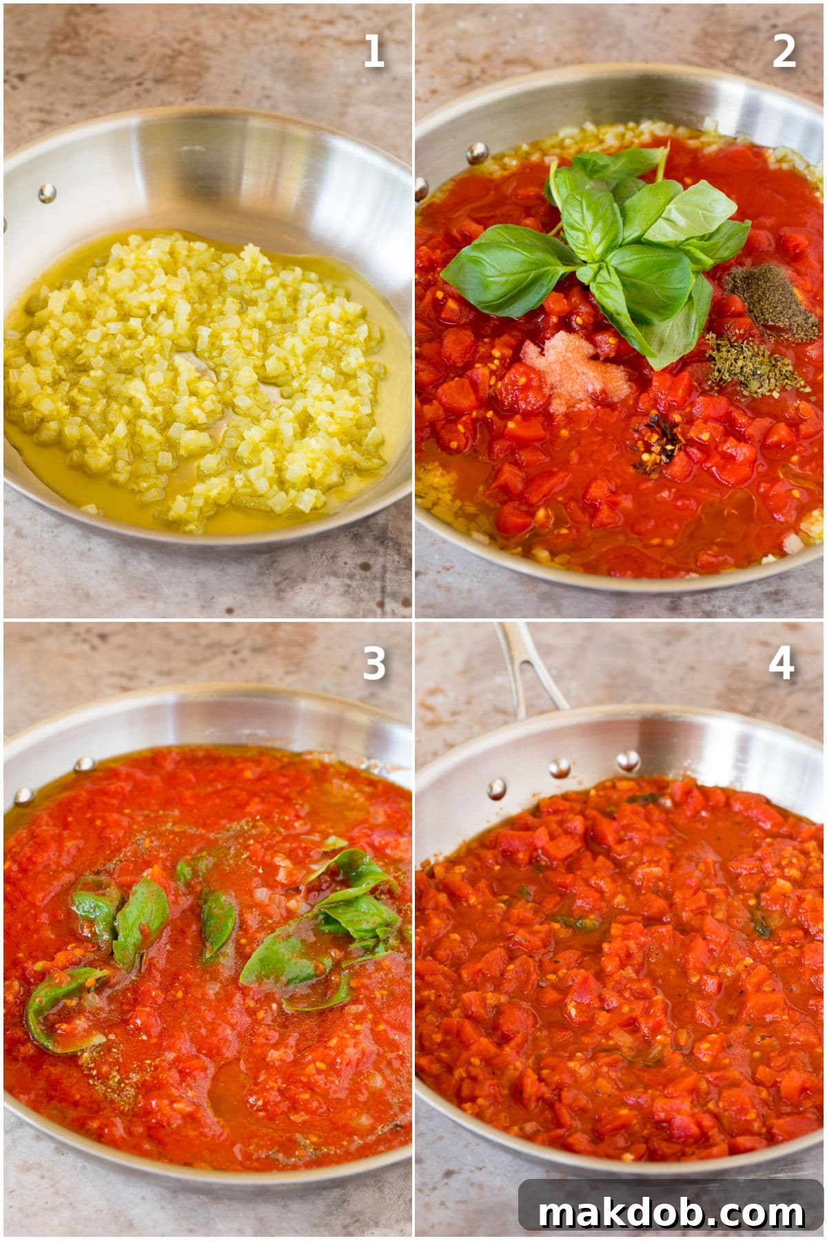 Robust Homemade Marinara 4 Process shots showing how to make marinara sauce, from sautéing onions to simmering tomatoes, demonstrating each key step in the cooking process for a visual guide.
