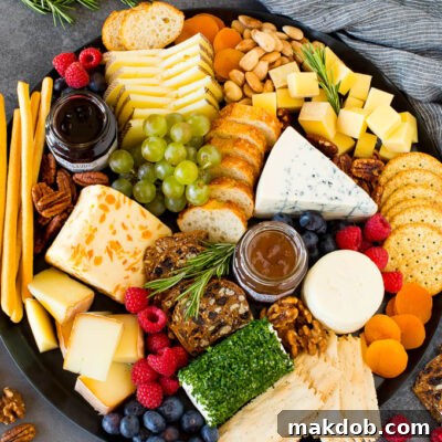 The best cheese board with assorted cheeses, bread, crackers, fruit and nuts.