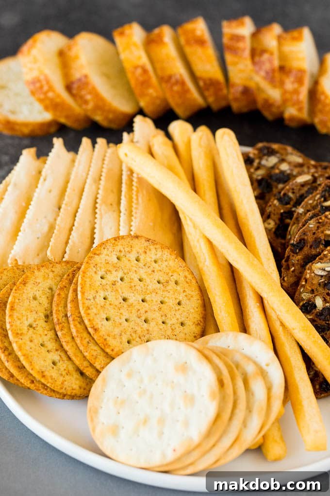 A guide to creating the best cheese board with a variety of different cheeses, crackers, fruit and accompaniments. A plate of assorted crackers and breadsticks for a cheese board.