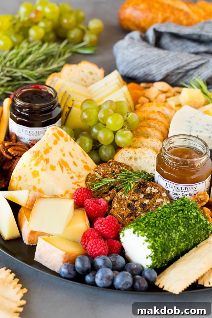 A guide to creating the best cheese board with a variety of different cheeses, crackers, fruit and accompaniments. A diverse cheese board featuring crackers, fruit, nuts, and jam, ready for enjoyment.