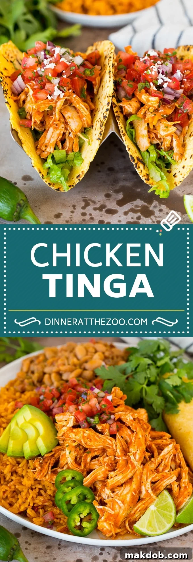 This chicken tinga is a classic dish made with shredded chicken that's simmered in a smoky and savory sauce.